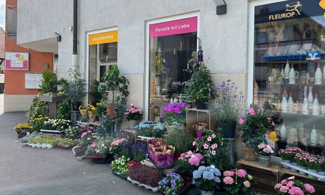 Viele Blumen vor einem Geschäft